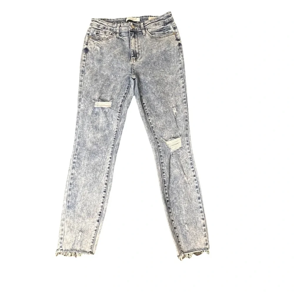 Judy Blue Skinny Fit Jeans Women's Sz 9/29 Acid Wash Distressed Raw Hem Denim‎